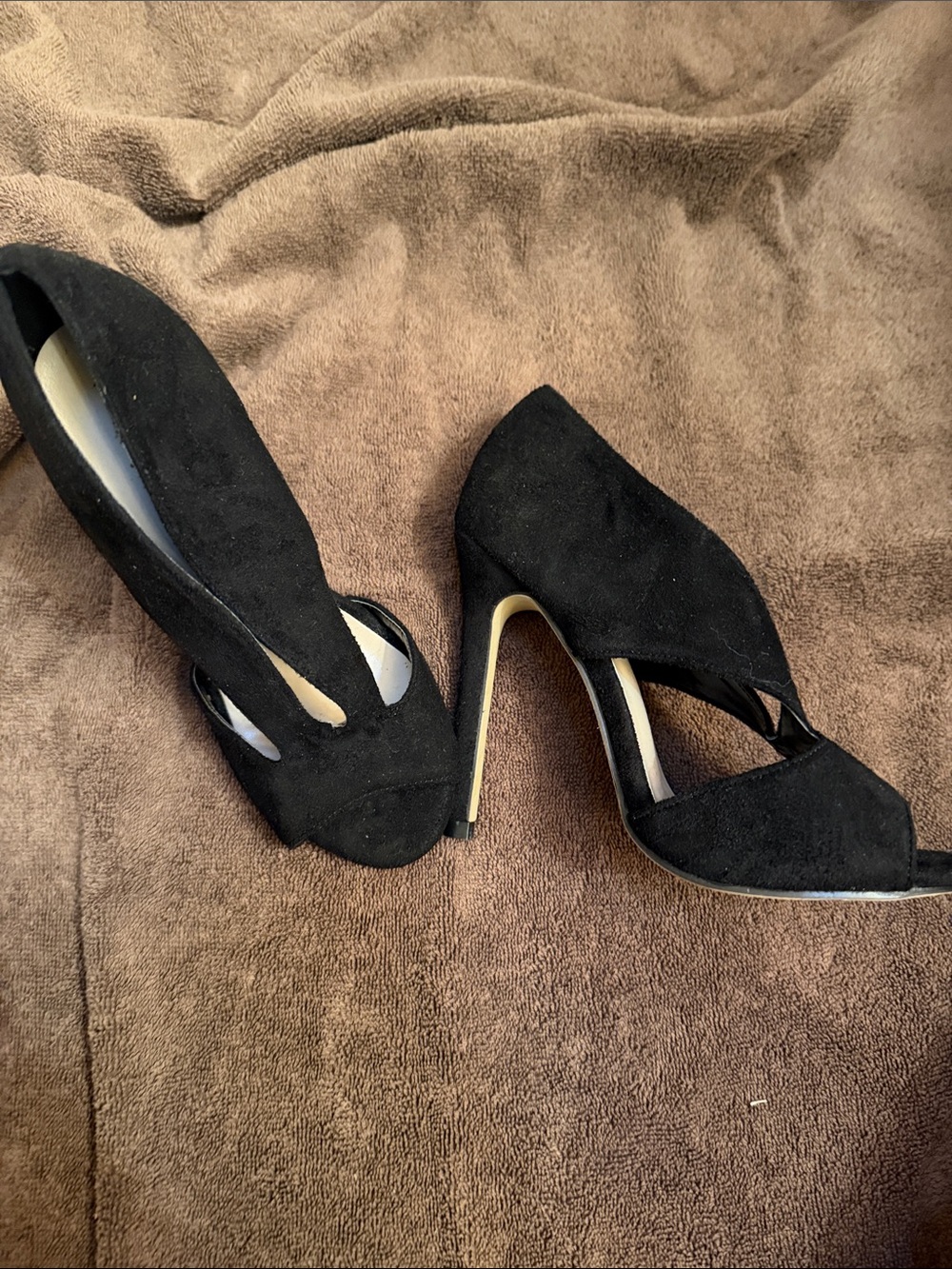 Black Suede High Heel Peep-Toe Pumps